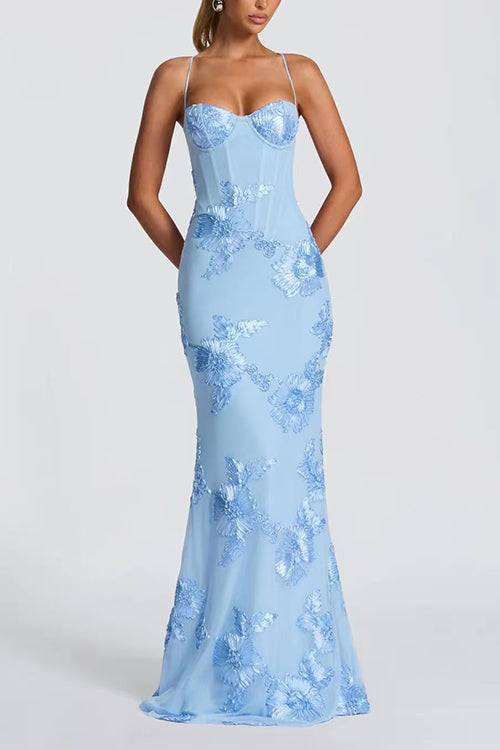 Backless Lace-up Corset Flower Embroidery Maxi Cami Dress