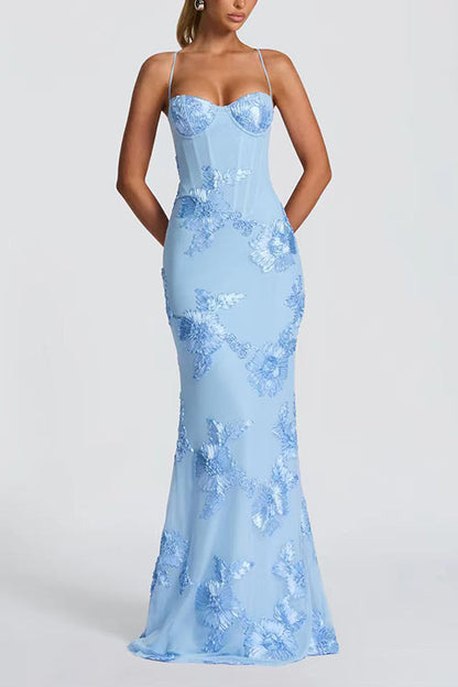 Backless Lace-up Corset Flower Embroidery Maxi Cami Dress