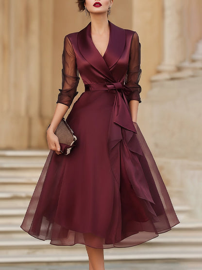 Elegant Wrap Midi Dress With Sheer Sleeves