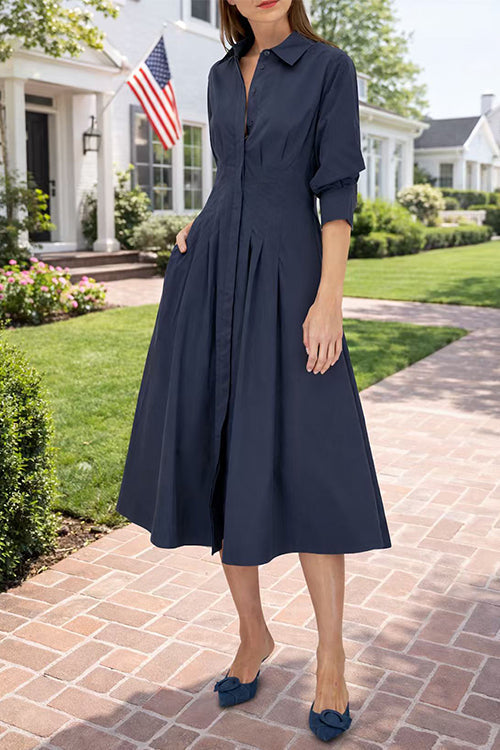 Lapel Button Up Solid Midi Shirt Dress