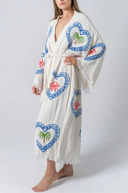 Rosiedress Raw Hem Tie Waist Printed Beach Vacation Kimono Maxi Dress