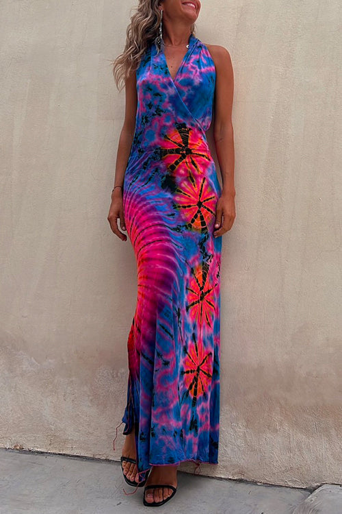 Rosiedress Cross V Neck Sleeveless Tie Dye Maxi Holiday Dress