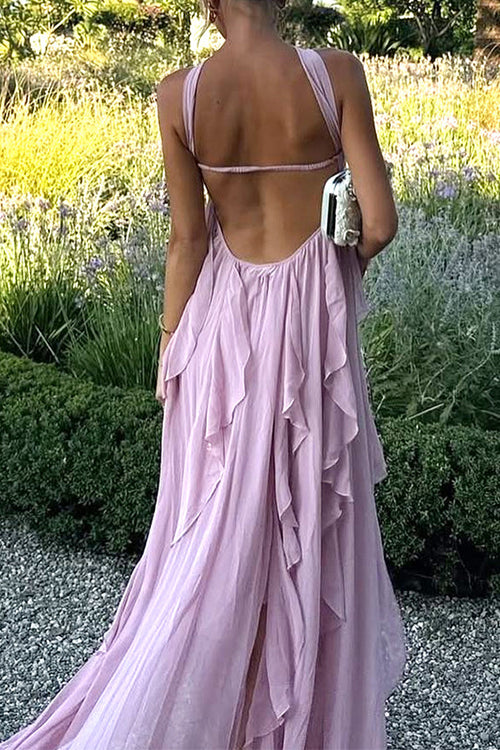 Sleeveless Open Back Ruffle Trim Slit Maxi Dress