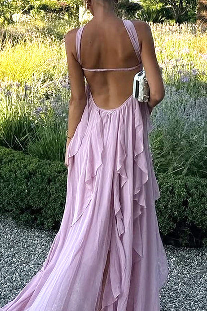 Sleeveless Open Back Ruffle Trim Slit Maxi Dress