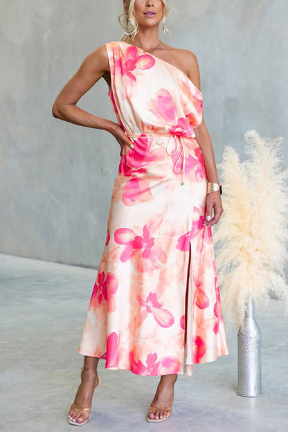 One Shoulder Floral Print Slit Satin Maxi Dress