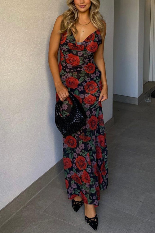 Rosiedress Adjustable Strap Backless Rose Print Maxi Dress