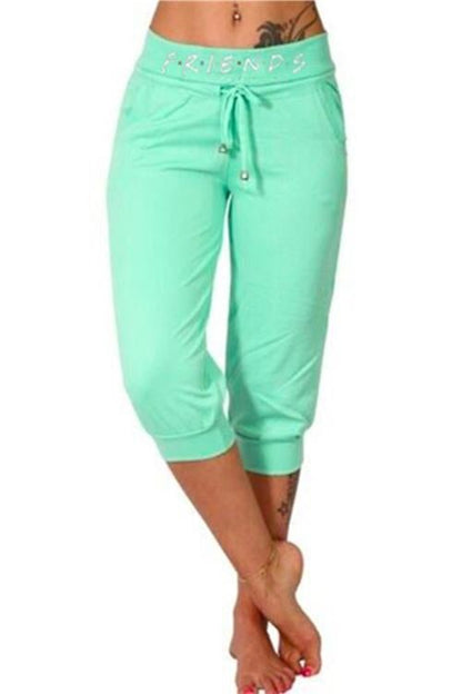 Letter Printed Solid Cropped Pants MintGreen