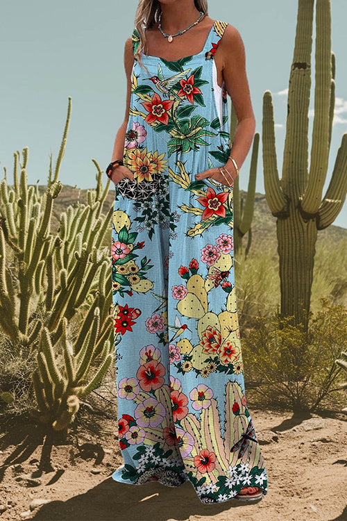 Rosiedress Floral Print Wide Leg Loose Overalls Blue