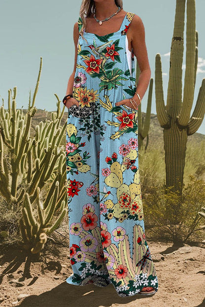 Floral Print Wide Leg Loose Overalls Blue
