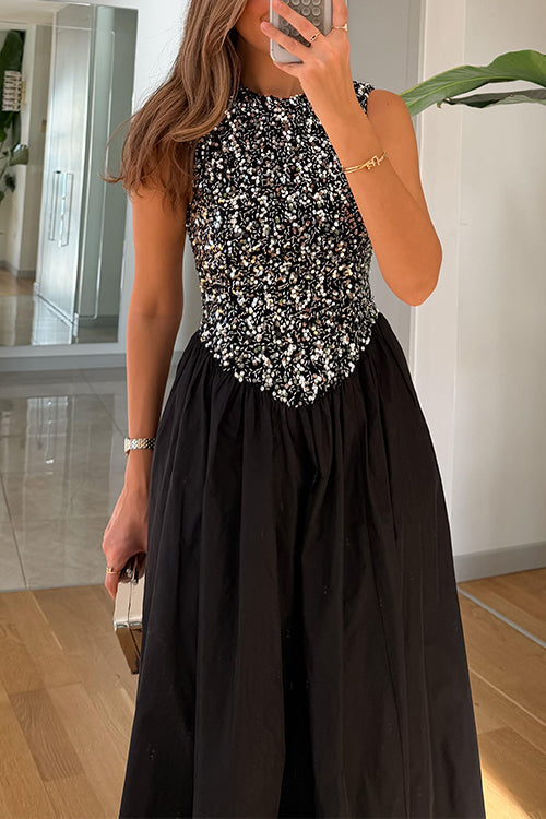 Crewneck Sleeveless Glitter Sequin Splice Maxi Dress