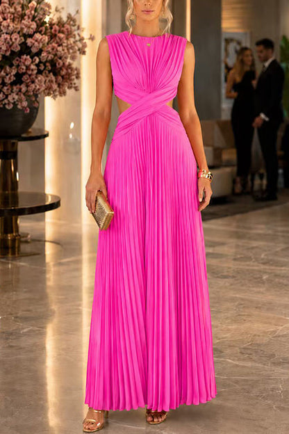 Crewneck Sleeveless Open Back Pleated Maxi Dress