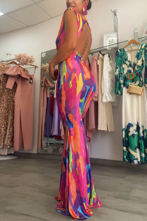 V Neck Twist Front Backeless Printed Maxi Bodycon Dress