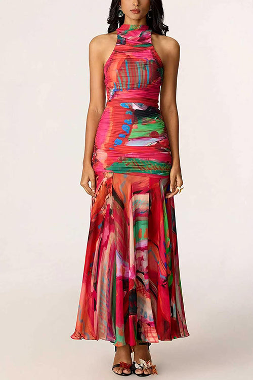 Mockneck Sleeveless Ruched Printed Maxi Dress