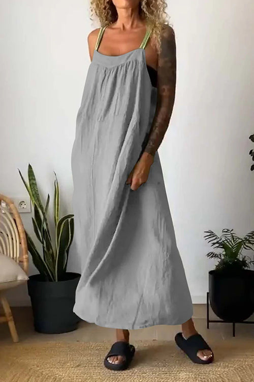 Color Block Casual Cotton Linen Maxi Beach Dress Gray