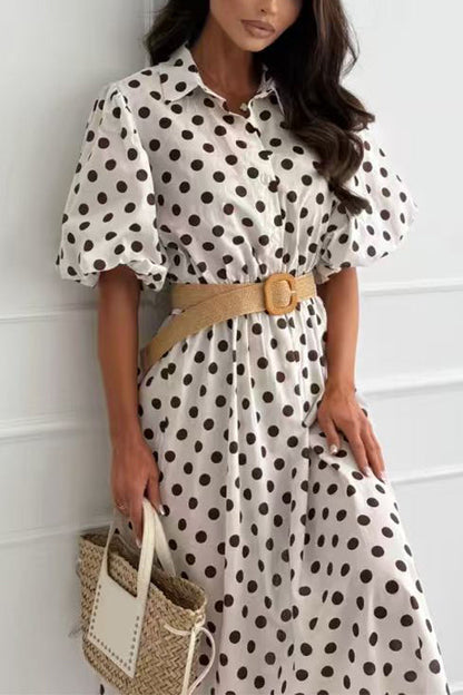 Collared Short Sleeves Button Up Polka Dot Midi Dress