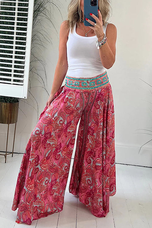 Elastic Waist Wide Leg Palazzo Printed Casual Pants Red