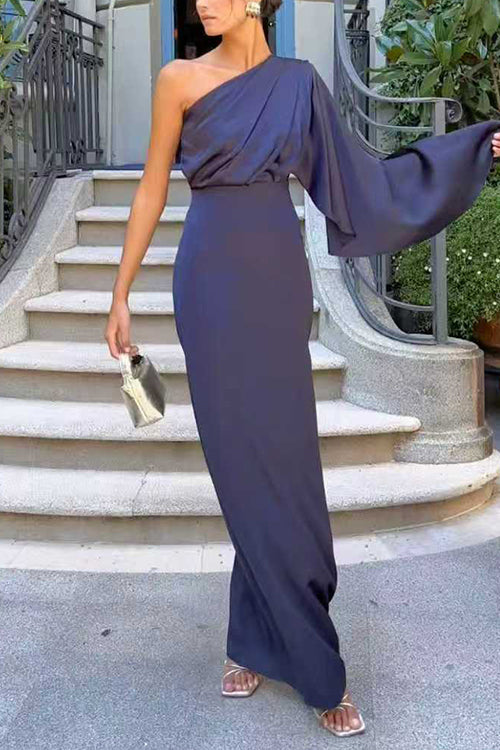 One Shoulder Long Sleeve Side Slit Satin Maxi Dress