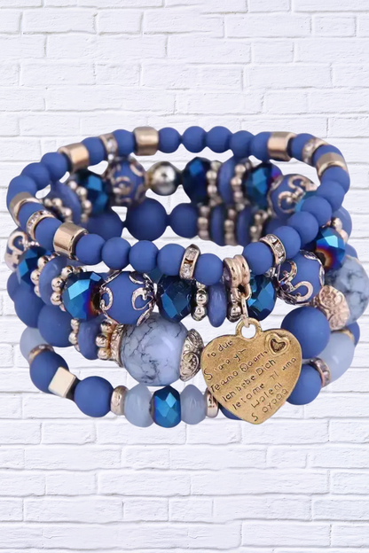 Chic & Meaningful – Blue Beaded Stretch Bracelet Set with Heart Charm