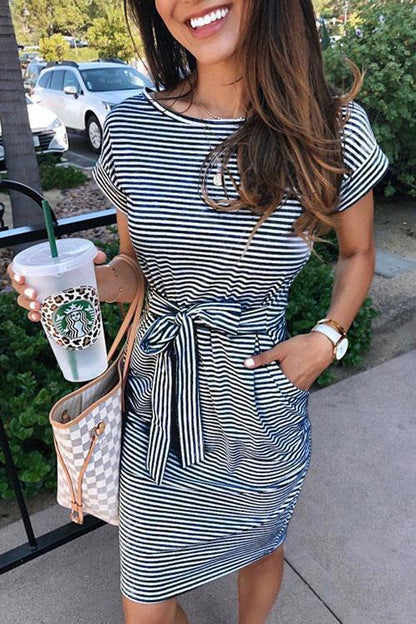 Rosiedress Tie Waist Short Sleeve Pockets Striped T Shirt Dress Black