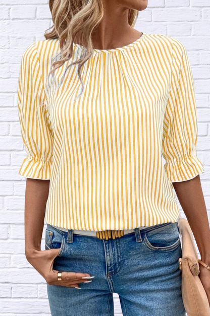 Striped Round Neck Half Sleeve Casual Blouse