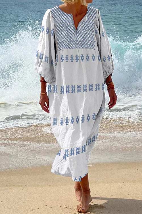 3/4 Balloon Sleeves Bohe Printed Caftan Midi Vacation Dress White
