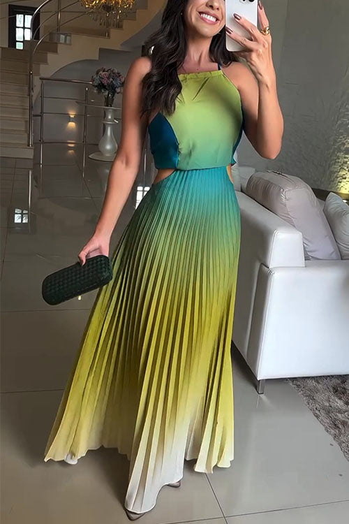 Sleeveless Cut Out Back Lace-up Gradient Pleated Maxi Dress