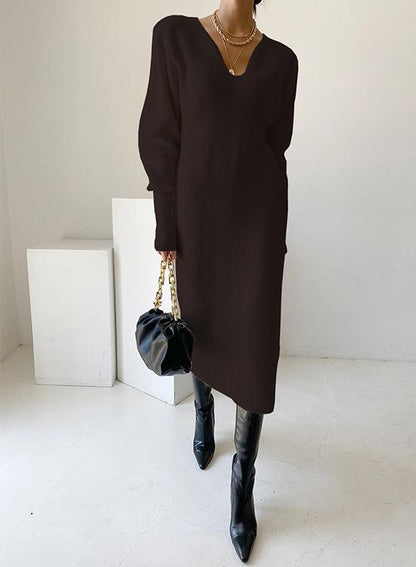 Solid V Neck Midi Knitting Dress Black