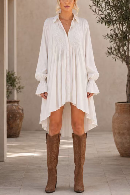 Lapel Bell Long Sleeves High Low Hem Shirt Dress
