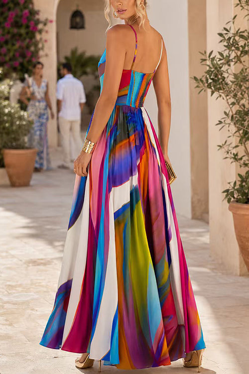 Spaghetti Strap Rainbow Printed Maxi Dress