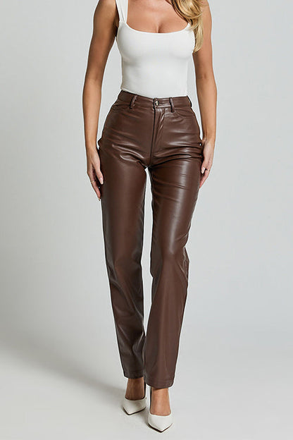 Rosiedress High Rise Pocketed Casual Faux Leather Pants