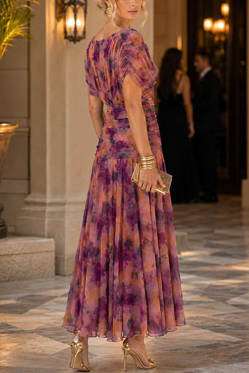 V Neck Ruched Floral Print Maxi Dress