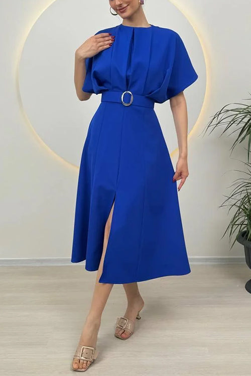 Crewneck Short Sleeves Belted Slit Midi Dress