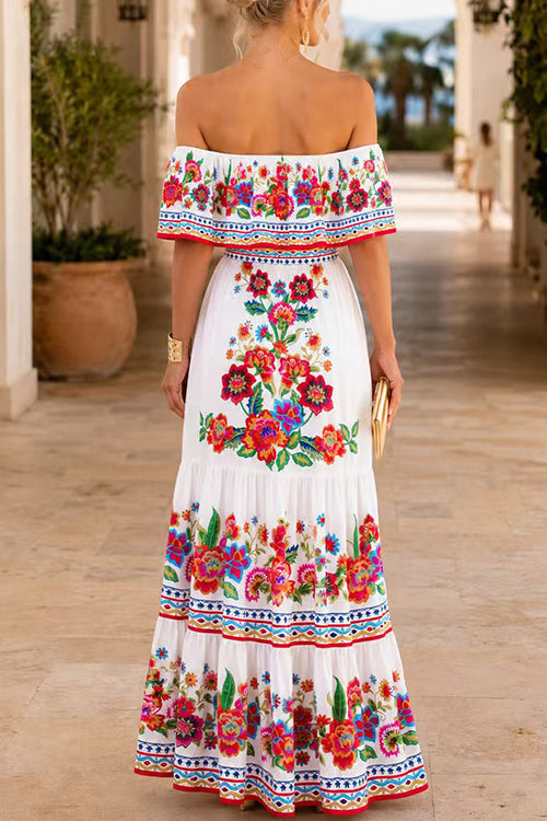 Off Shoulder Floral Print Ruffle Maxi Dress
