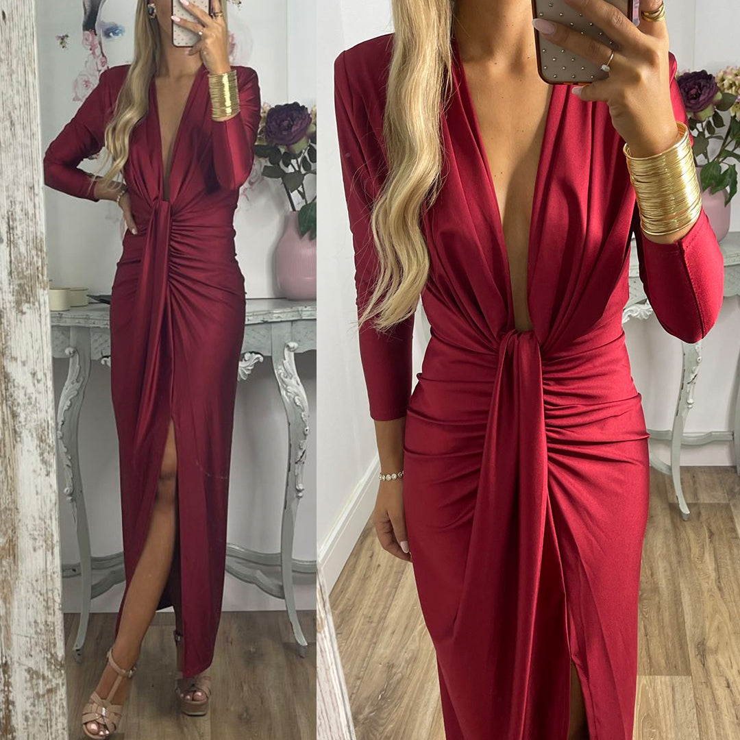Deep V Neck Ruched Slit Maxi Bodycon Dress Red