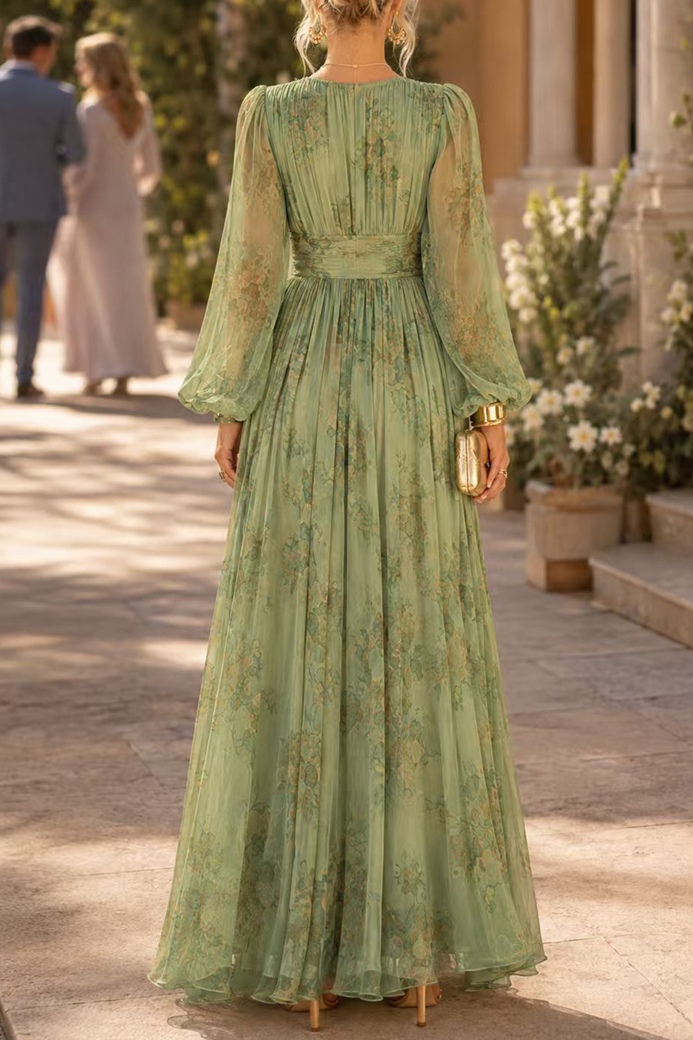 V Neck Puff Long Sleeves Floral Print Maxi Dress