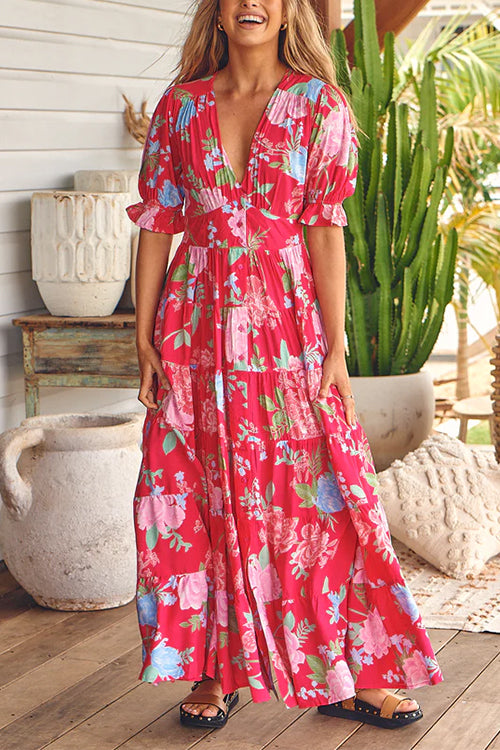 Rosiedress V Neck Button Up Floral Print Flowy Maxi Dress