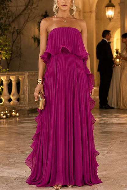 Strapless Tube Ruffle Pleated Swing Maxi Dress