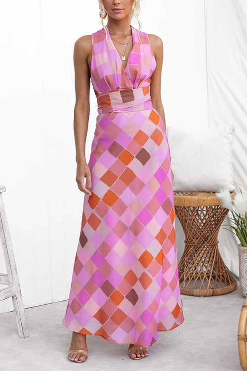 Criss Cross Bow Back Sleeveless Plaid Maxi Dress