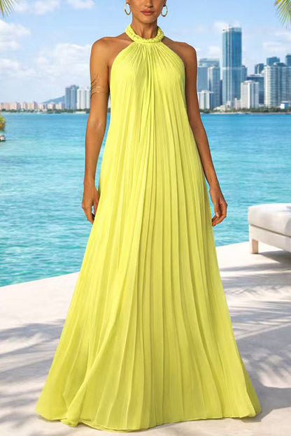 Halter Neck Open Back Pleated Maxi Dress
