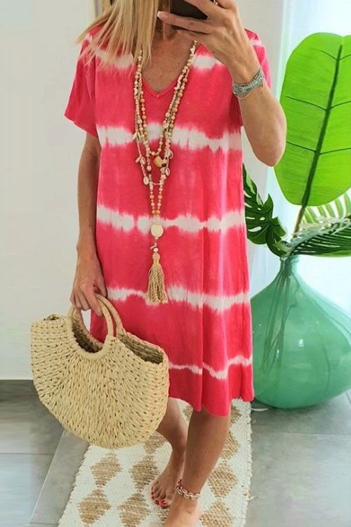 Rosiedress V Neck Short Sleeve Tie Dye Stripes T-shirt Dress Hot Pink