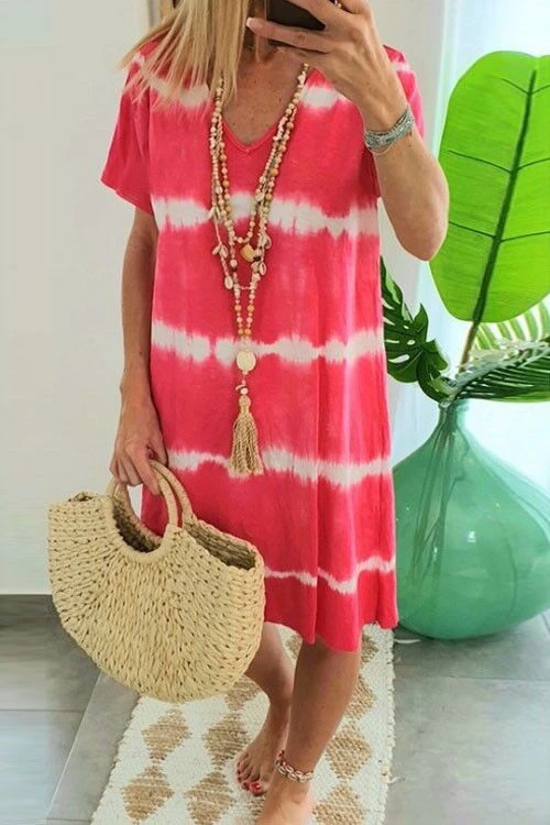 V Neck Short Sleeve Tie Dye Stripes T-shirt Dress Hot Pink
