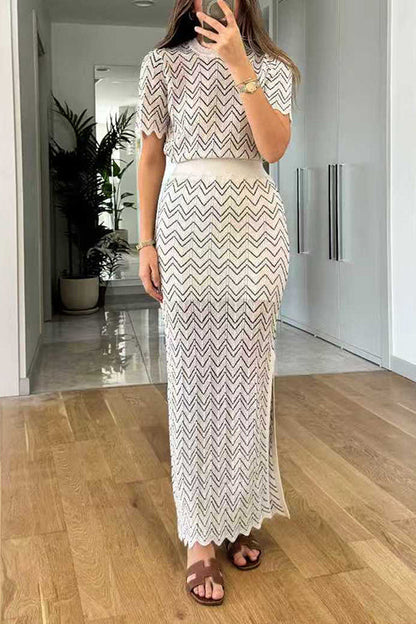 Crewneck Short Sleeves Zigzag Patterned Top