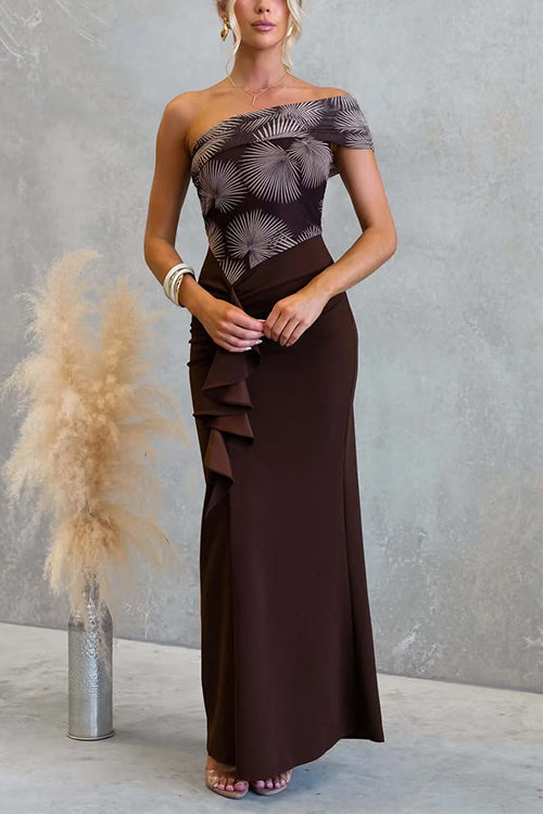 Asymmetrical Shoulder Ruffle Detail Printed Maxi Dress