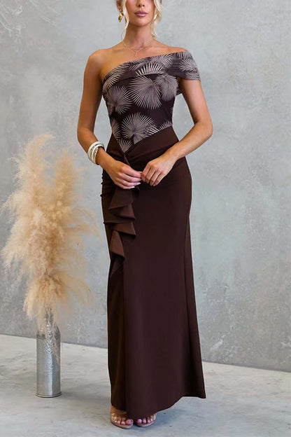 Asymmetrical Shoulder Ruffle Detail Printed Maxi Dress