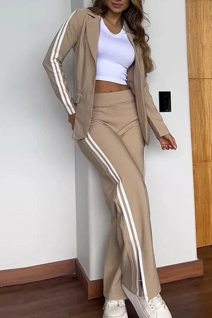 Rosiedress Color Block Open Front Blazer Elastic Waist Slit Wide Leg Pants Set