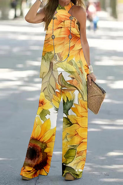 Criss Cross Halter Sleeveless Top Wide Leg Pants Printed Vacation Set Yellow