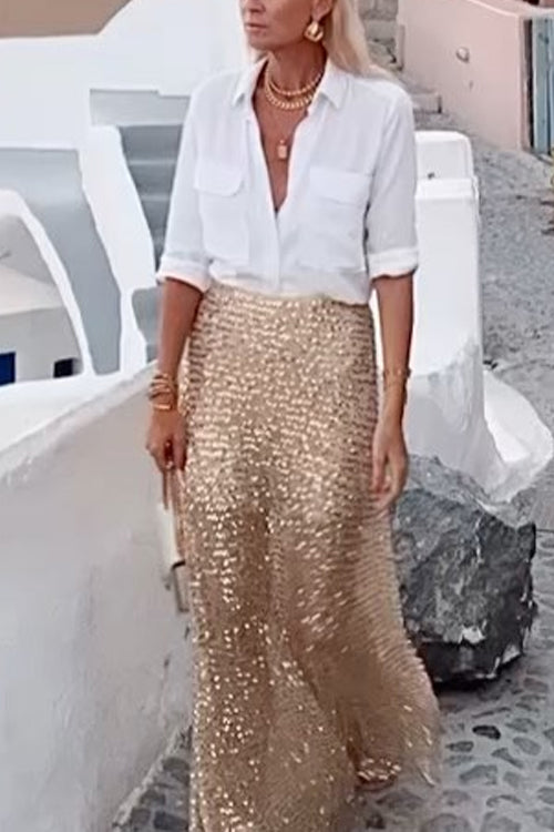 High Waist Sparkle Sequin Maxi Skirt