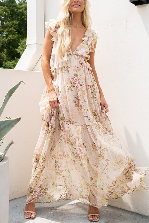 V Neck Ruffle Trim Bow Back Floral Print Flowy Maxi Dress