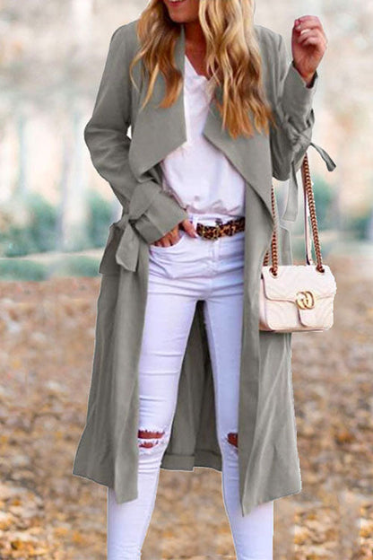 Drap Front Tie Waist Solid Fall Midi Cardigan Gray