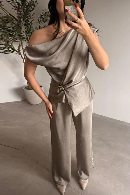 Asymmetrical Shoulder Ruched Top Straight Leg Pants Satin Set